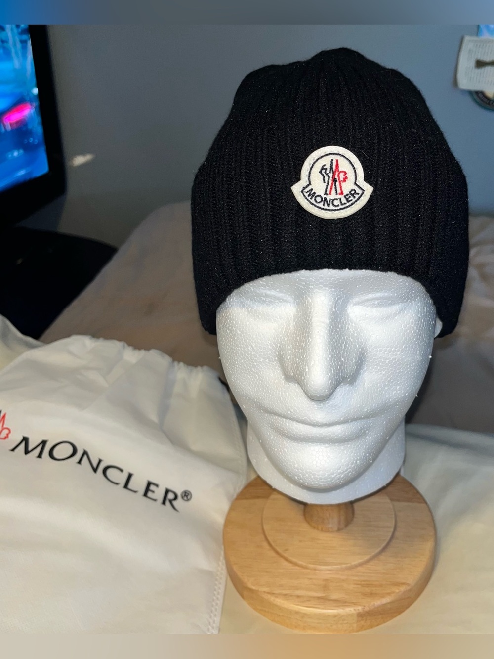 Moncler Black Ribbed Wool Logo Patch Beanie Hat BRAND NEW